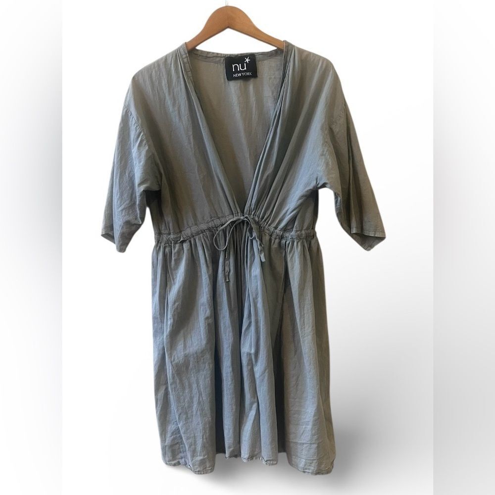 Nu New York 100% Cotton Adjustable Waist Front Tie Dress One Size Gray Pockets‎